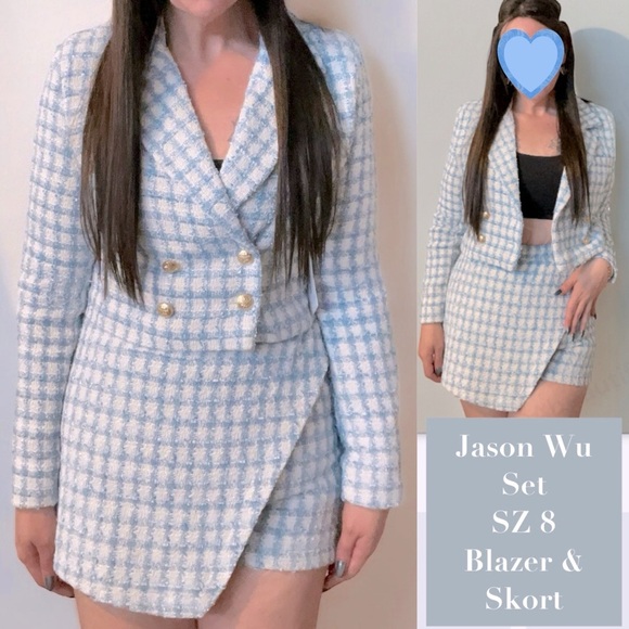 SET JASON WU Boucle Tweed cropped blazer and skort  Blue White Gold Button 8 M - Picture 1 of 16